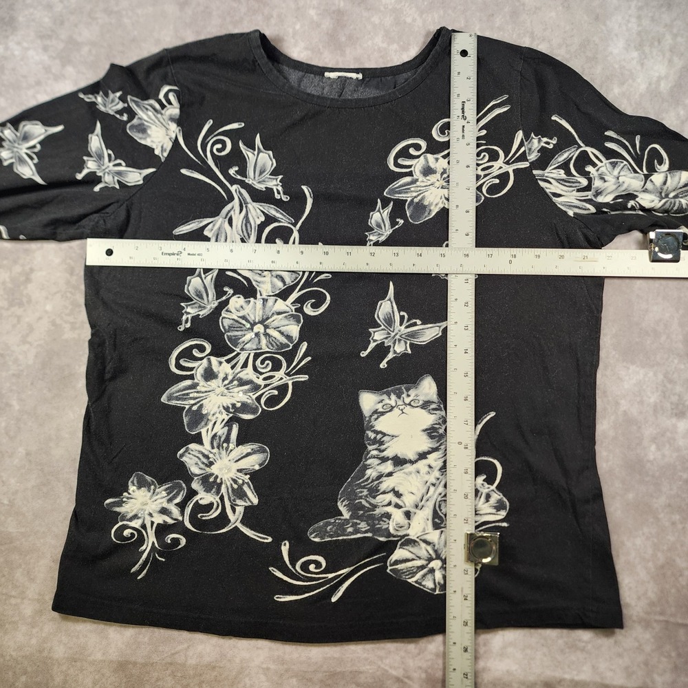 Black Cat Fairy Floral Rhinestone Top Y2K Whimsigoth L XL - Picture 3 of 5
